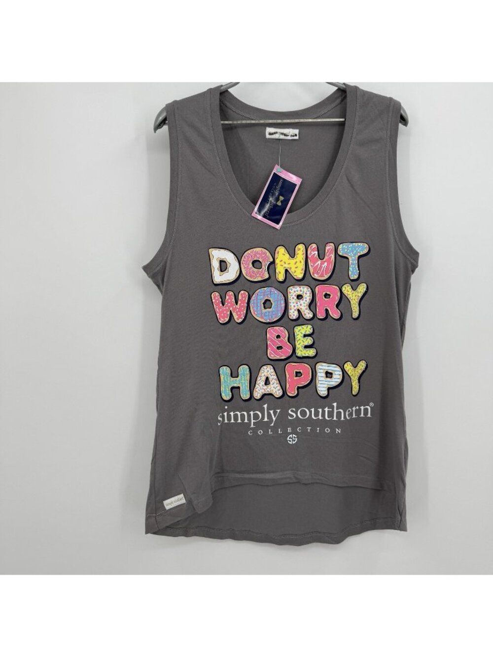 Simply Southern Women's Graphic Tank size M Medium NWT Sleeveless Gray Donut